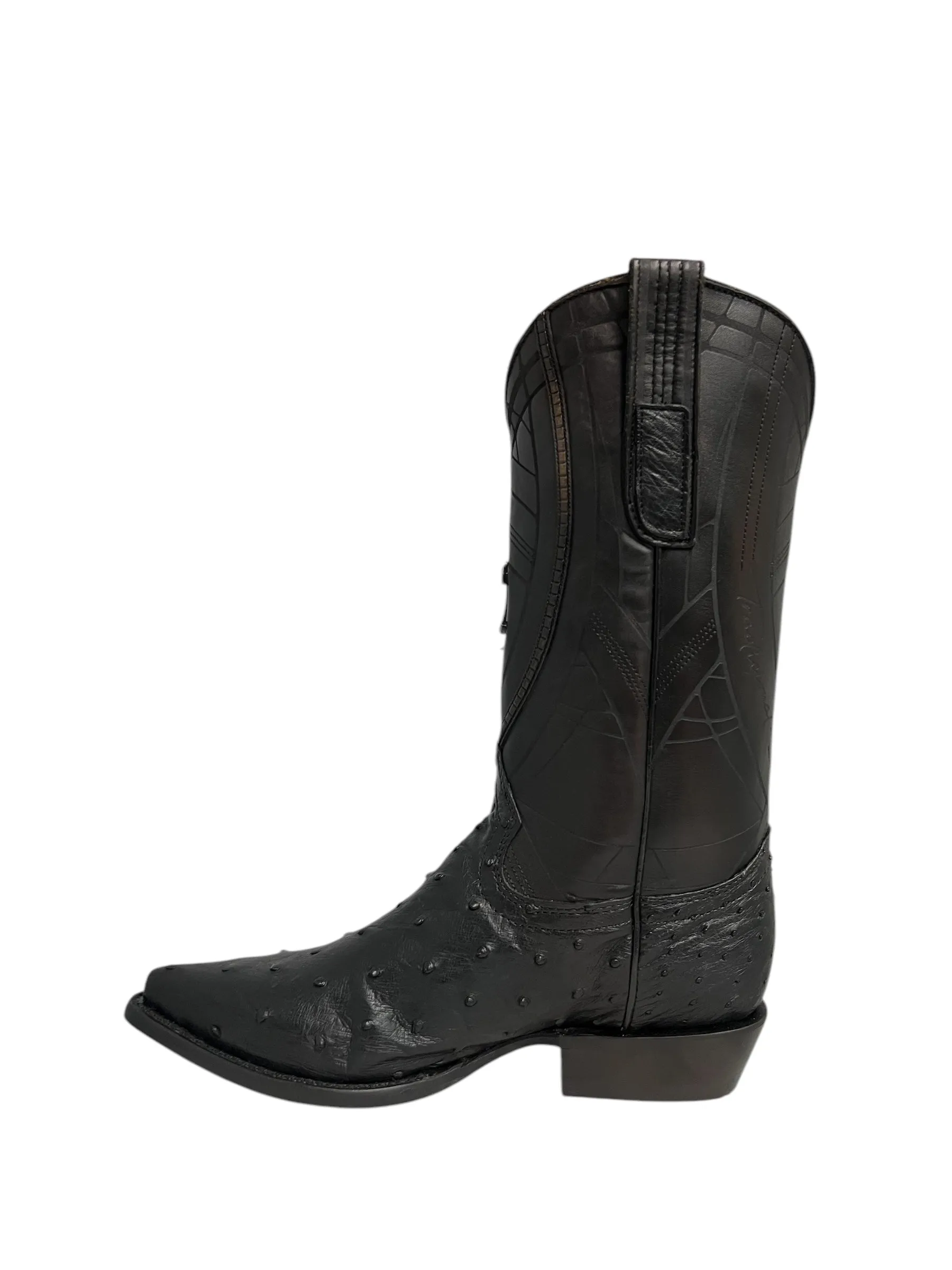 Cuadra Black Ostrich Laser & Embroidery Snipe Toe - CU807