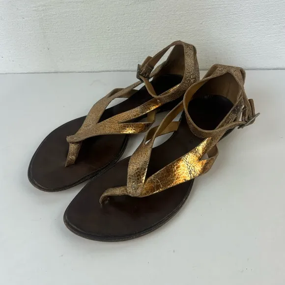 CYDWOQ Vintage Metallic Thong Ankle Strap Sandals, 39