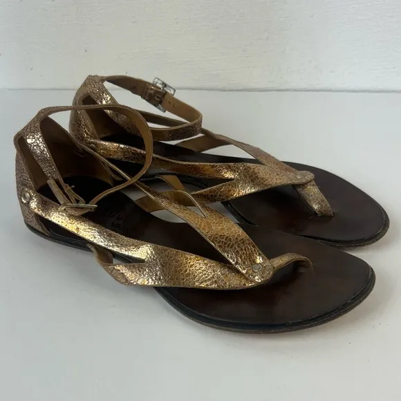 CYDWOQ Vintage Metallic Thong Ankle Strap Sandals, 39