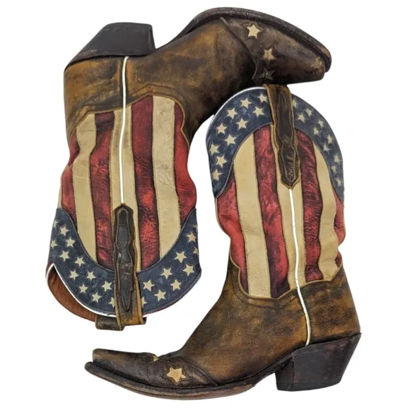 Dan Post American Flag Western Boots Leather Womens 7 Cowboy Pointed Snip Toe