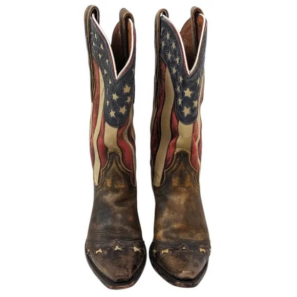 Dan Post American Flag Western Boots Leather Womens 7 Cowboy Pointed Snip Toe