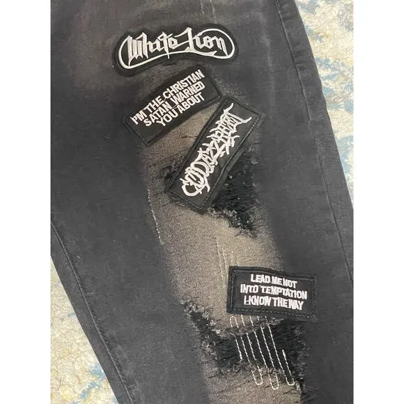 D’andijieshen Men’s Black Distressed Patchwork Jeans 40x31 Grunge Punk Goth