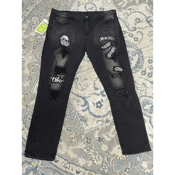 D’andijieshen Men’s Black Distressed Patchwork Jeans 40x31 Grunge Punk Goth