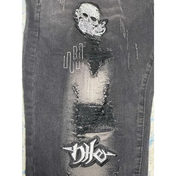 D’andijieshen Men’s Black Distressed Patchwork Jeans 40x31 Grunge Punk Goth