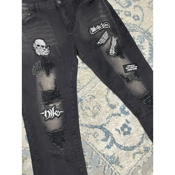 D’andijieshen Men’s Black Distressed Patchwork Jeans 40x31 Grunge Punk Goth