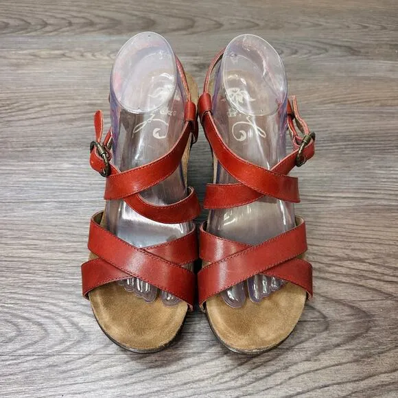 Dansko Frida Slingback Sandal WMNS 10.5 Red Leather Wedge Heel Open Toe Strappy