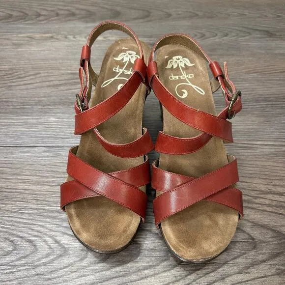 Dansko Frida Slingback Sandal WMNS 10.5 Red Leather Wedge Heel Open Toe Strappy