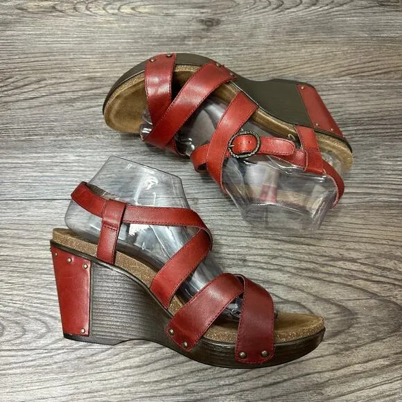 Dansko Frida Slingback Sandal WMNS 10.5 Red Leather Wedge Heel Open Toe Strappy