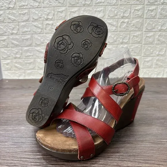 Dansko Frida Slingback Sandal WMNS 10.5 Red Leather Wedge Heel Open Toe Strappy