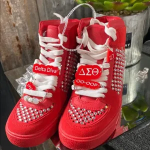 Delta Sigma Theta Red Studded High-Top Sneakers with custom charms