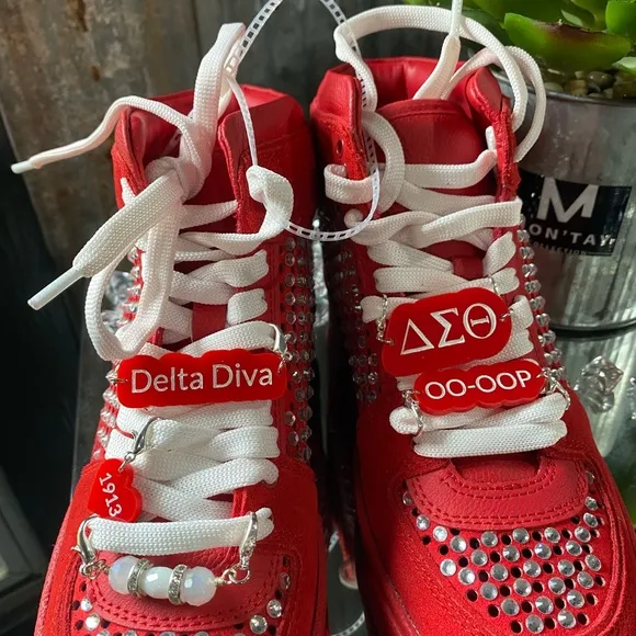 Delta Sigma Theta Red Studded High-Top Sneakers with custom charms