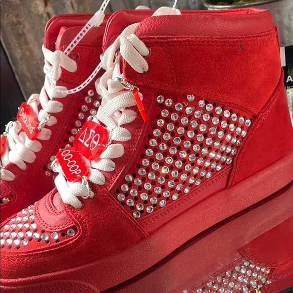 Delta Sigma Theta Red Studded High-Top Sneakers with custom charms