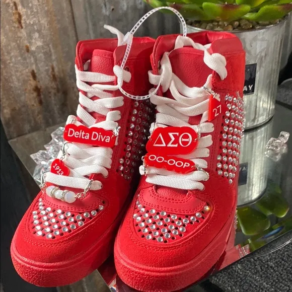 Delta Sigma Theta Red Studded High-Top Sneakers with custom charms