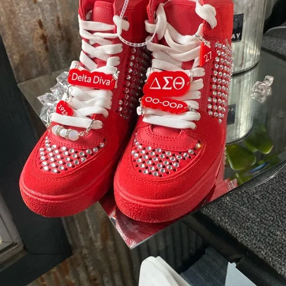 Delta Sigma Theta Red Studded High-Top Sneakers with custom charms