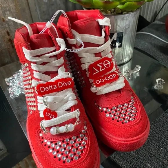 Delta Sigma Theta Red Studded High-Top Sneakers with custom charms