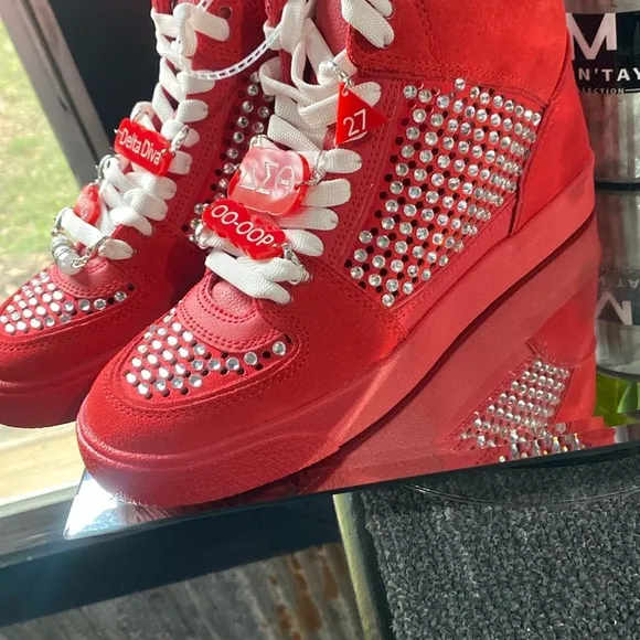 Delta Sigma Theta Red Studded High-Top Sneakers with custom charms