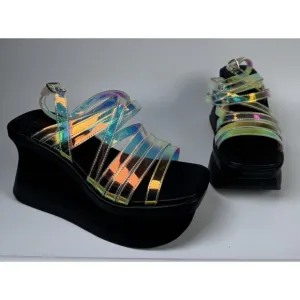 Demonia Holographic Rainbow Platform Sandals Size 10 Y2K Club Kid Cyberpunk Goth
