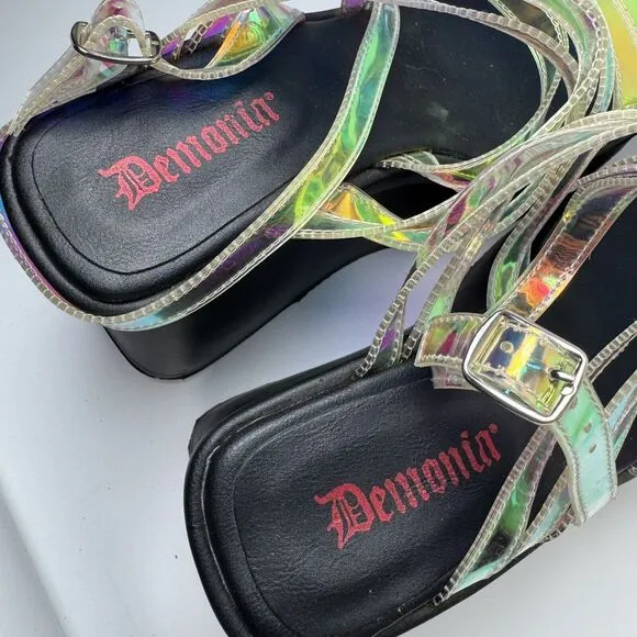 Demonia Holographic Rainbow Platform Sandals Size 10 Y2K Club Kid Cyberpunk Goth
