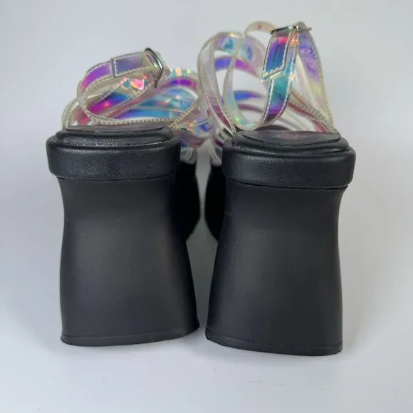 Demonia Holographic Rainbow Platform Sandals Size 10 Y2K Club Kid Cyberpunk Goth
