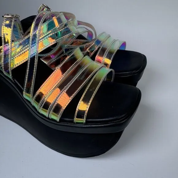 Demonia Holographic Rainbow Platform Sandals Size 10 Y2K Club Kid Cyberpunk Goth