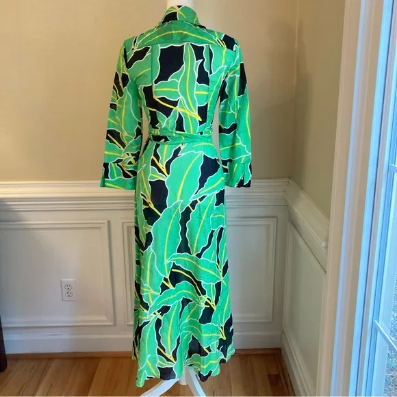 DIANE VON FURSTENBERG DVF Clarem Green Leaf Tropical Print Midi/Maxi Wrap Dress