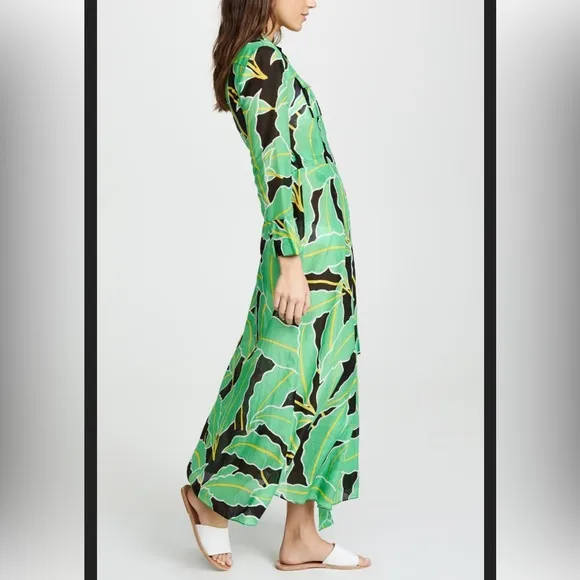 DIANE VON FURSTENBERG DVF Clarem Green Leaf Tropical Print Midi/Maxi Wrap Dress