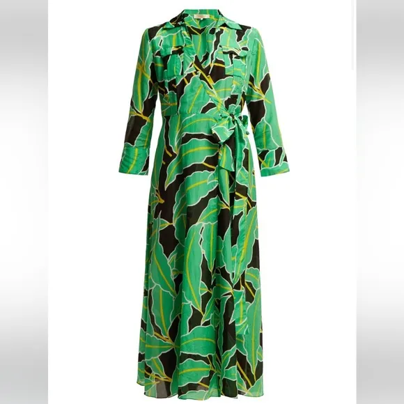 DIANE VON FURSTENBERG DVF Clarem Green Leaf Tropical Print Midi/Maxi Wrap Dress