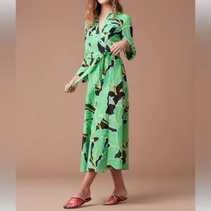 DIANE VON FURSTENBERG DVF Clarem Green Leaf Tropical Print Midi/Maxi Wrap Dress