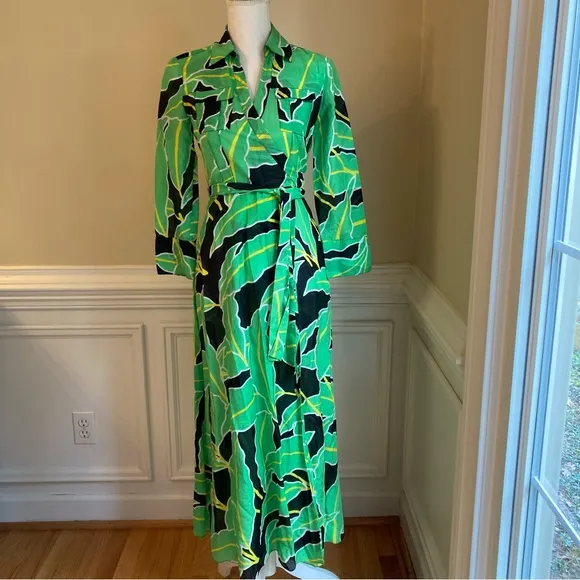 DIANE VON FURSTENBERG DVF Clarem Green Leaf Tropical Print Midi/Maxi Wrap Dress