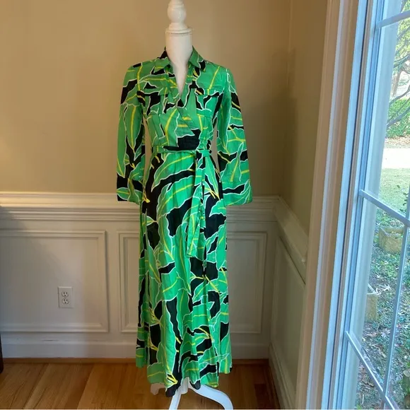 DIANE VON FURSTENBERG DVF Clarem Green Leaf Tropical Print Midi/Maxi Wrap Dress