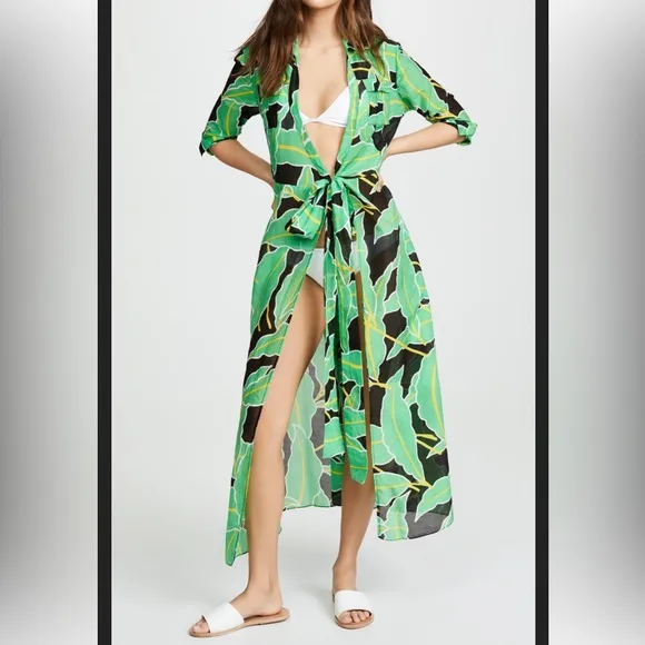 DIANE VON FURSTENBERG DVF Clarem Green Leaf Tropical Print Midi/Maxi Wrap Dress