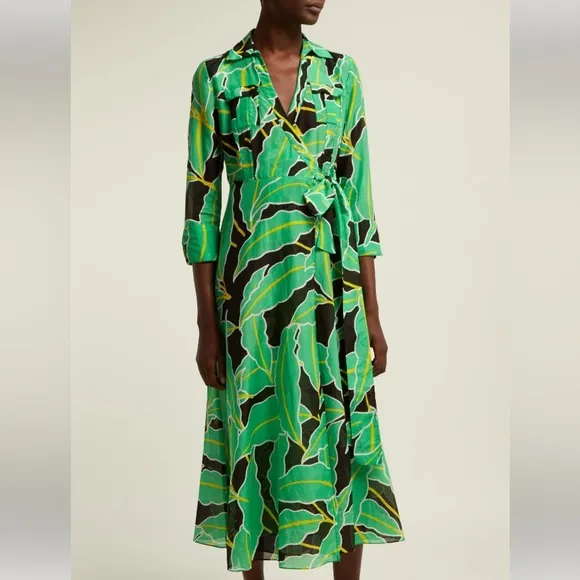 DIANE VON FURSTENBERG DVF Clarem Green Leaf Tropical Print Midi/Maxi Wrap Dress