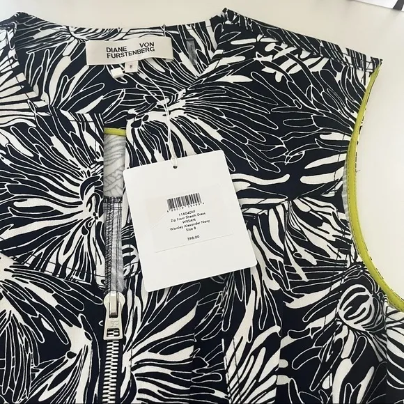 𝅺DIANE Von Furstenberg Front zipper Sheath Dress black and white floral Size 8