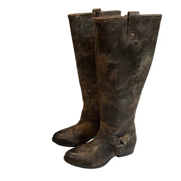 Diba True Brown Distressed Leather Flower Child Harness Riding Boots