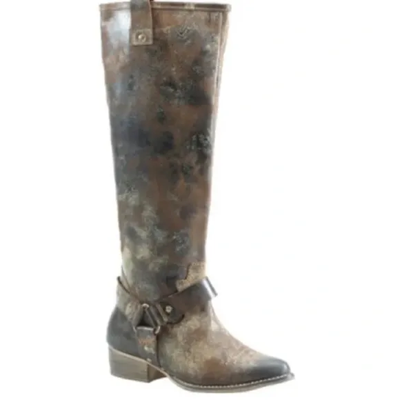 Diba True Brown Distressed Leather Flower Child Harness Riding Boots
