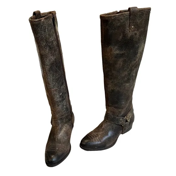 Diba True Brown Distressed Leather Flower Child Harness Riding Boots