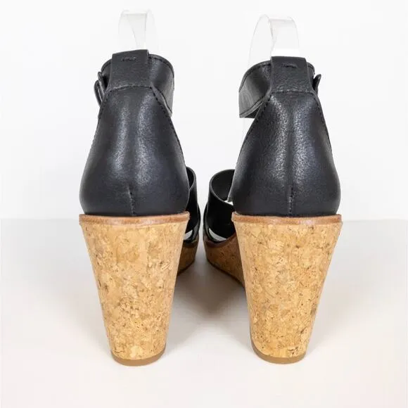 DOLCE VITA Black Leather Urbane Cork Wrapped Wedge Heeled Sandals Women's 9.5