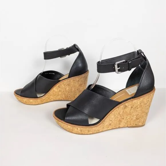 DOLCE VITA Black Leather Urbane Cork Wrapped Wedge Heeled Sandals Women's 9.5
