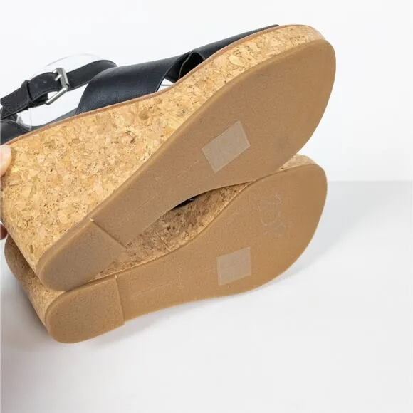 DOLCE VITA Black Leather Urbane Cork Wrapped Wedge Heeled Sandals Women's 9.5