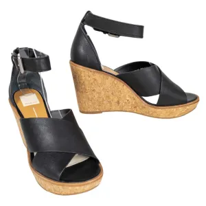 DOLCE VITA Black Leather Urbane Cork Wrapped Wedge Heeled Sandals Women's 9.5
