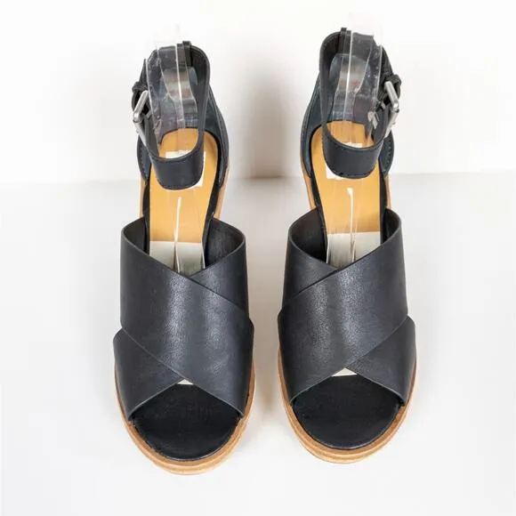DOLCE VITA Black Leather Urbane Cork Wrapped Wedge Heeled Sandals Women's 9.5