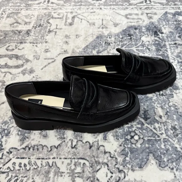 Dolce Vita Leather Lug Penny Loafers- Elias Onyx Crinkle Patent