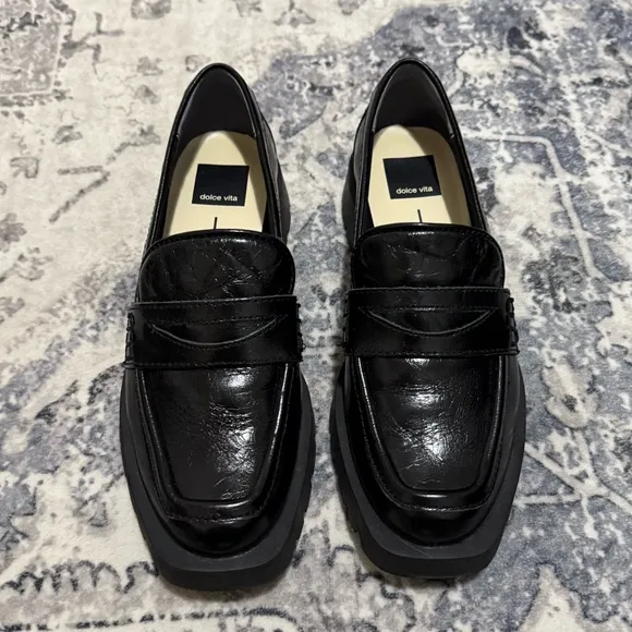Dolce Vita Leather Lug Penny Loafers- Elias Onyx Crinkle Patent