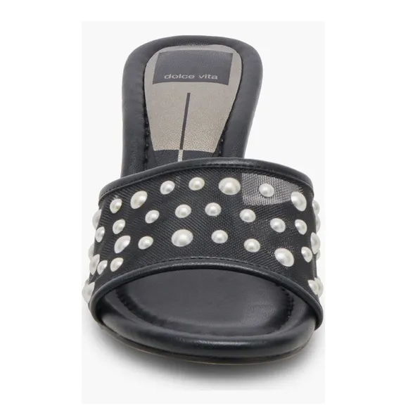 Dolce Vita Meeza Imitation Pearl Sandals Onyx Black Mesh Women’s 8 Kitten Heels