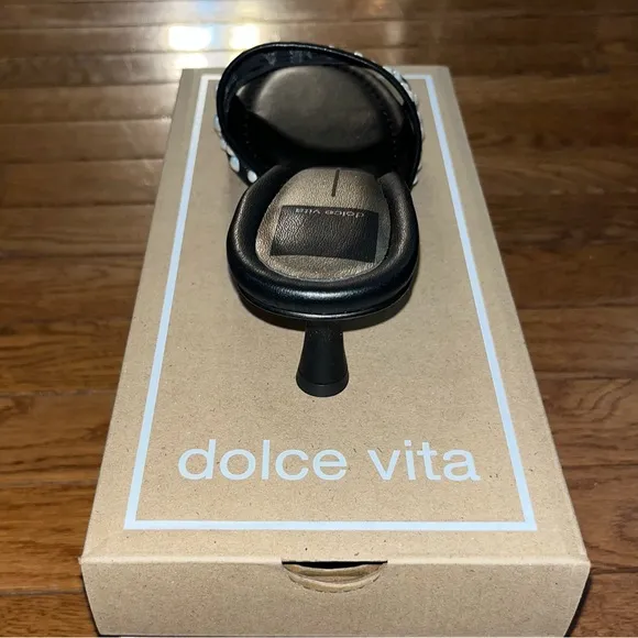 Dolce Vita Meeza Imitation Pearl Sandals Onyx Black Mesh Women’s 8 Kitten Heels