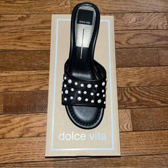 Dolce Vita Meeza Imitation Pearl Sandals Onyx Black Mesh Women’s 8 Kitten Heels