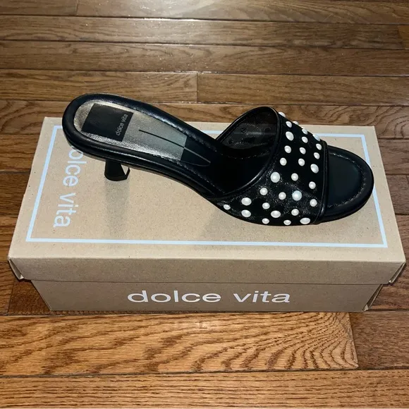 Dolce Vita Meeza Imitation Pearl Sandals Onyx Black Mesh Women’s 8 Kitten Heels