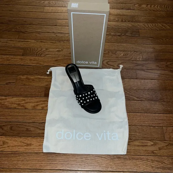 Dolce Vita Meeza Imitation Pearl Sandals Onyx Black Mesh Women’s 8 Kitten Heels