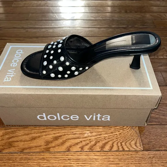 Dolce Vita Meeza Imitation Pearl Sandals Onyx Black Mesh Women’s 8 Kitten Heels