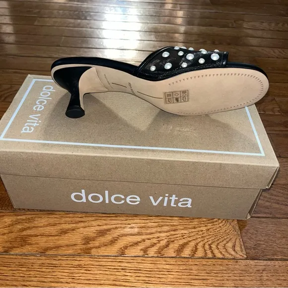 Dolce Vita Meeza Imitation Pearl Sandals Onyx Black Mesh Women’s 8 Kitten Heels